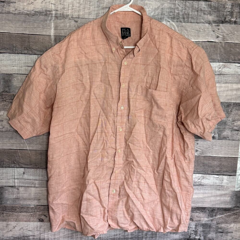 Jos A Bank Travelers Linen Shirt Mens 2XL Peach Plaid Button Up Preppy